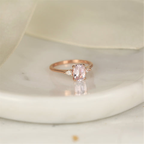 1.40ct Ready to Ship Petite Ellis 14kt Rose Gold Blush Peach Sapphire Diamond 3 Stone Cushion Ring - Rosados Box