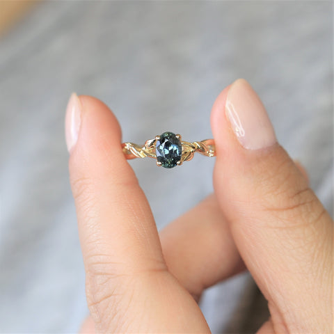 1.30ct Ready to Ship Fern 14kt Gold Deep Ocean Teal Sapphire Diamond Leaf Crossover Oval Solitaire Ring - Rosados Box