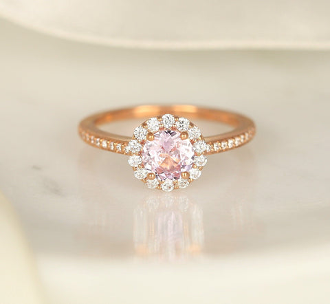 0.80ct Ready to Ship Marisol 14kt Rose Gold Blush Sapphire Diamond Round Halo Ring - Rosados Box