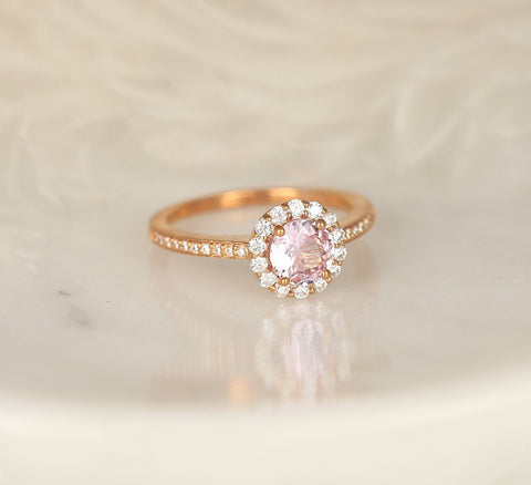 0.80ct Ready to Ship Marisol 14kt Rose Gold Blush Sapphire Diamond Round Halo Ring - Rosados Box