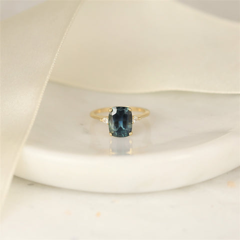 3.94ct Ready to Ship Petite Ellis 14kt Gold Ocean Blue Teal Sapphire Diamond Pear 3 Stone Elongated Cushion Ring - Rosados Box