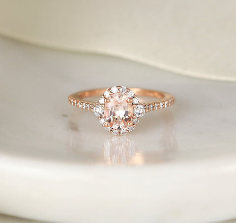 1.29cts Ready to Ship Bridgette 14kt Rose Gold Peach Sapphire Diamond Unique Halo Ring - Rosados Box