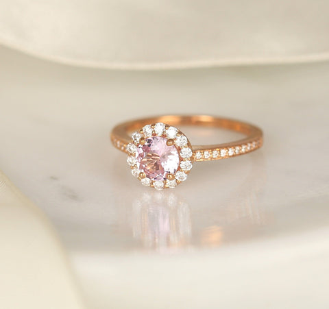 0.80ct Ready to Ship Marisol 14kt Rose Gold Blush Sapphire Diamond Round Halo Ring - Rosados Box