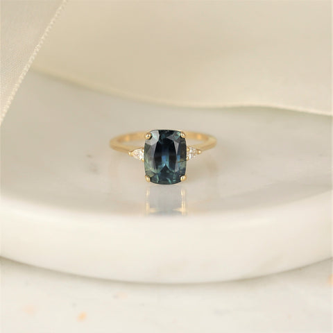 3.94ct Ready to Ship Petite Ellis 14kt Gold Ocean Blue Teal Sapphire Diamond Pear 3 Stone Elongated Cushion Ring - Rosados Box