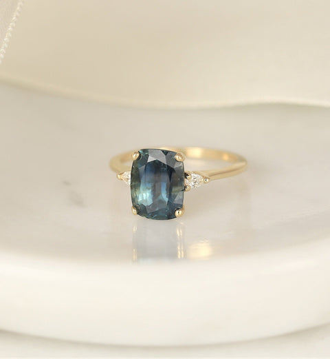 3.94ct Ready to Ship Petite Ellis 14kt Gold Ocean Blue Teal Sapphire Diamond Pear 3 Stone Elongated Cushion Ring - Rosados Box