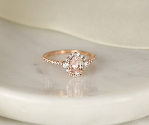 1.29cts Ready to Ship Bridgette 14kt Rose Gold Peach Sapphire Diamond Unique Halo Ring - Rosados Box