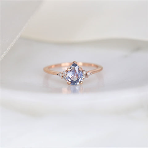 1.03ct Ready to Ship Juliet 14kt Rose Gold Lavender Cornflower Blue Sapphire Diamond Art Deco Cluster 3 Stone Pear Ring - Rosados Box