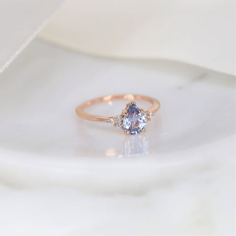 1.03ct Ready to Ship Juliet 14kt Rose Gold Lavender Cornflower Blue Sapphire Diamond Art Deco Cluster 3 Stone Pear Ring - Rosados Box