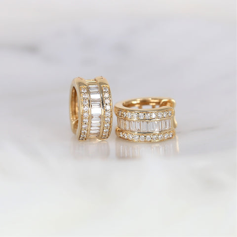 Ramona 14kt Gold Diamond Baguette Hoop Huggies Earrings - Rosados Box