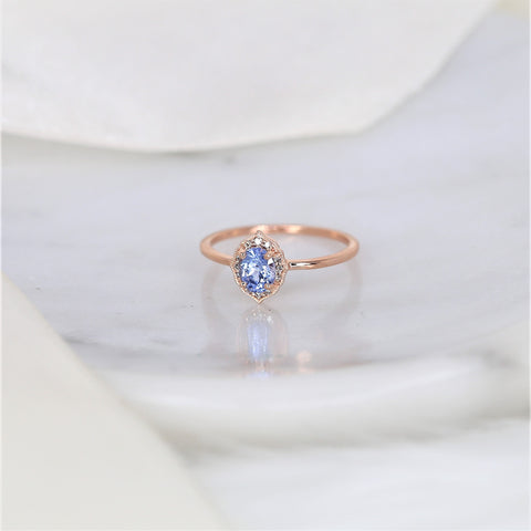 0.65ct Ready to Ship Mini Mae 14kt Rose Gold Cornflower Lavender Sapphire Diamond Oval Halo Ring - Rosados Box