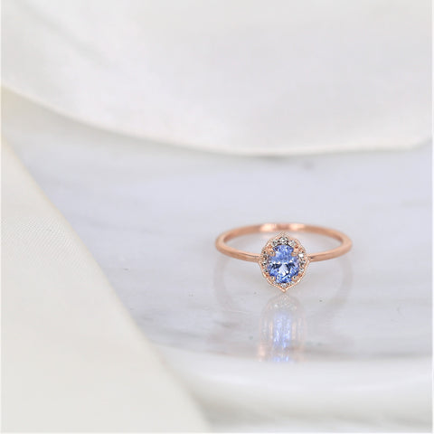 0.65ct Ready to Ship Mini Mae 14kt Rose Gold Cornflower Lavender Sapphire Diamond Oval Halo Ring - Rosados Box