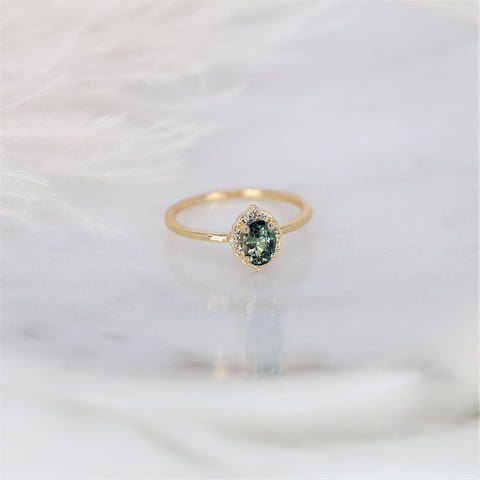 0.87ct Ready to Ship Mini Mae 14kt Gold Green Tea Teal Sapphire Diamond Oval Halo Ring - Rosados Box