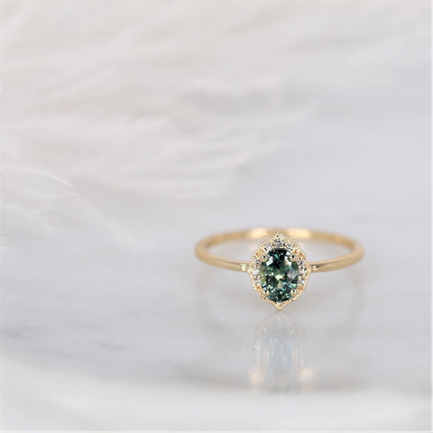 0.87ct Ready to Ship Mini Mae 14kt Gold Green Tea Teal Sapphire Diamond Oval Halo Ring - Rosados Box