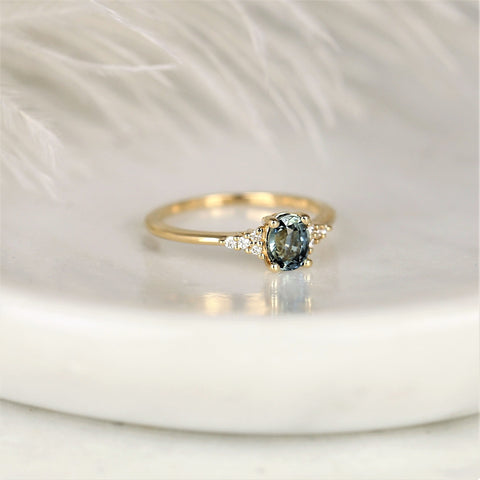 0.85ct Ready to Ship Maddy 14kt Gold Ocean Teal Sapphire Diamond Dainty Oval Cluster Ring - Rosados Box