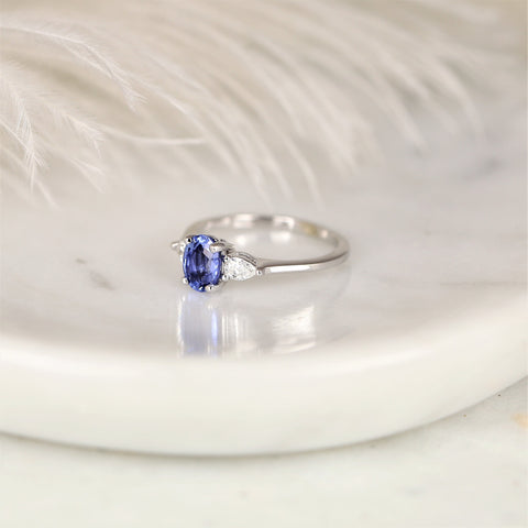 1.11ct Ready to Ship Emery 14kt White Gold Lavender Cornflower Blue Sapphire Diamond Pear 3 Stone Oval Ring - Rosados Box