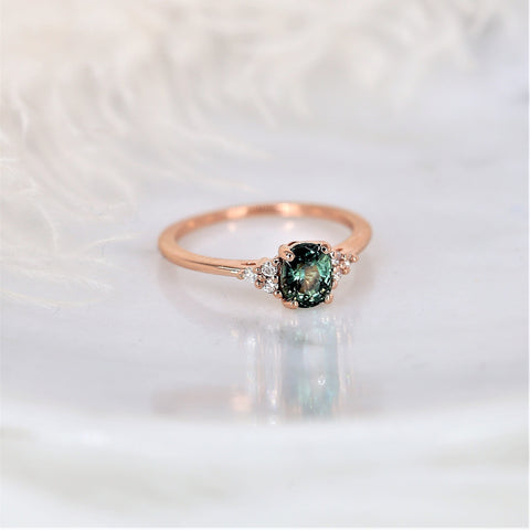 1.00ct Ready to Ship Juniper 14kt Rose Gold Ocean Teal Sapphire Diamond Oval Cluster Ring - Rosados Box