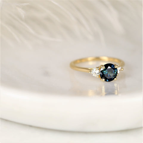 1.48ct Ready to Ship Colette 14kt Gold Peacock Teal Sapphire Diamond Three Stone Round Ring - Rosados Box