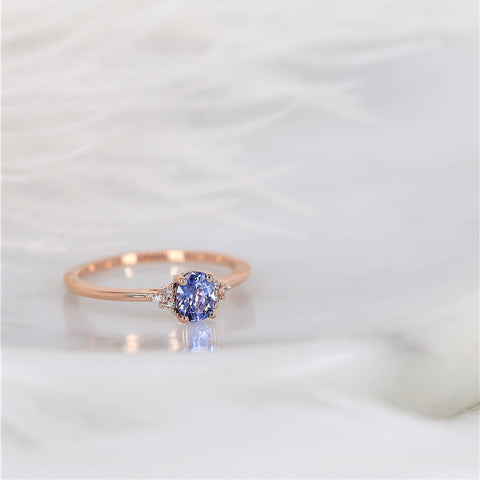 0.48ct Ready to Ship Juniper 14kt Rose Gold Cornflower Lavender Sapphire Diamond Dainty Art Deco Oval Cluster 3 Stone Ring - Rosados Box