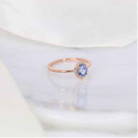 0.65ct Ready to Ship Mini Mae 14kt Rose Gold Cornflower Lavender Sapphire Diamond Oval Halo Ring - Rosados Box