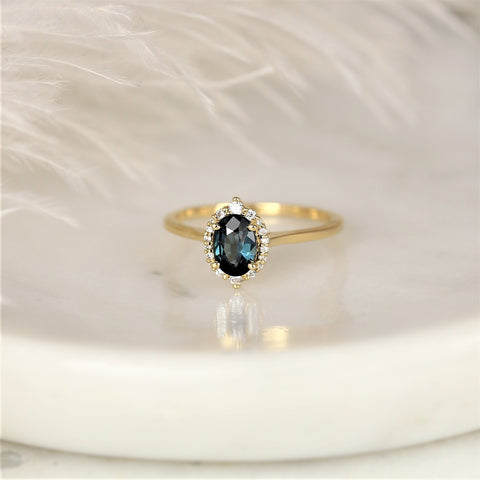 0.98cts Ready to Ship Electra 14kt Gold Deep Ocean Teal Sapphire Diamond Art Deco Shield Unique Oval Halo Ring - Rosados Box