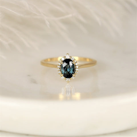 0.98cts Ready to Ship Electra 14kt Gold Deep Ocean Teal Sapphire Diamond Art Deco Shield Unique Oval Halo Ring - Rosados Box