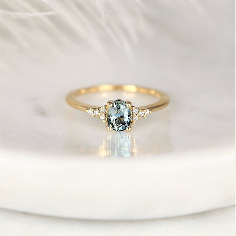 0.85ct Ready to Ship Maddy 14kt Gold Ocean Teal Sapphire Diamond Dainty Oval Cluster Ring - Rosados Box