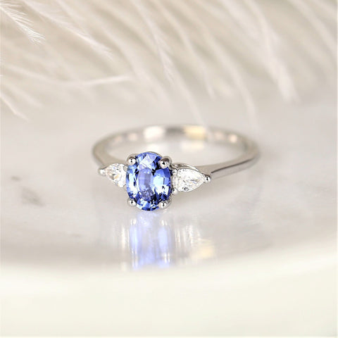 1.11ct Ready to Ship Emery 14kt White Gold Lavender Cornflower Blue Sapphire Diamond Pear 3 Stone Oval Ring - Rosados Box