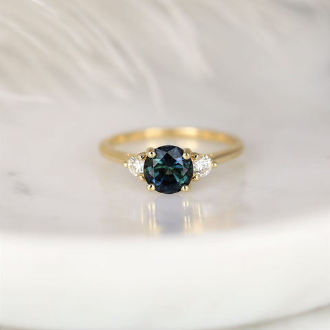 1.48ct Ready to Ship Colette 14kt Gold Peacock Teal Sapphire Diamond Three Stone Round Ring - Rosados Box