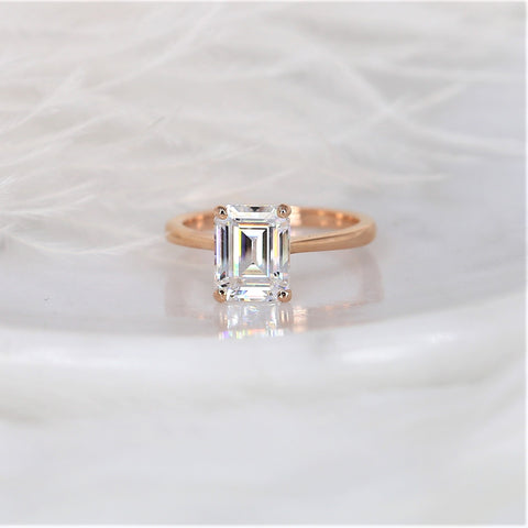 2.60ct Ready to Ship Skinny Norma 9x7mm 14kt Rose Gold Moissanite Dainty Emerald Engagement Ring,Emerald Cut Solitaire Ring - Rosados Box