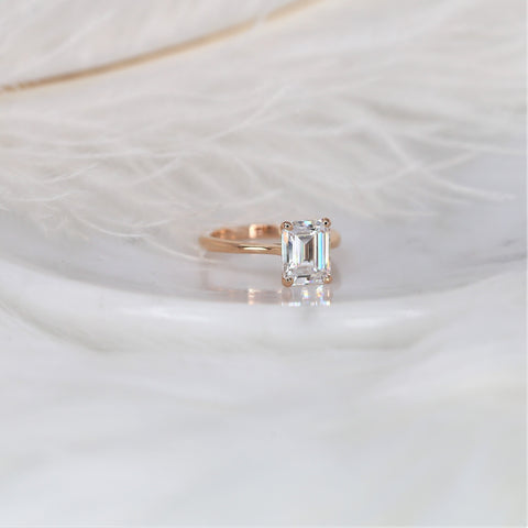 2.60ct Ready to Ship Skinny Norma 9x7mm 14kt Rose Gold Moissanite Dainty Emerald Engagement Ring,Emerald Cut Solitaire Ring - Rosados Box