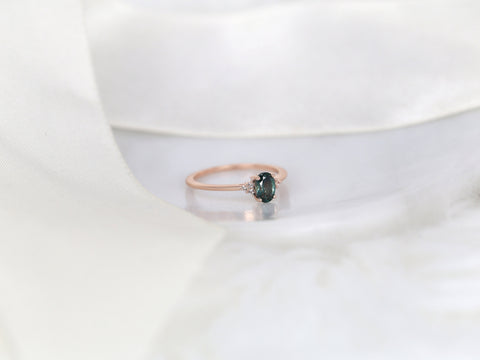 0.70ct Ready to Ship Juniper 14kt Rose Gold Ocean Teal Montana Sapphire Dainty Art Deco Oval Cluster Ring - Rosados Box