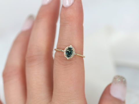 0.69ct Ready to Ship Mini Mae 14kt Gold Teal Montana Sapphire Diamond Oval Halo Ring - Rosados Box