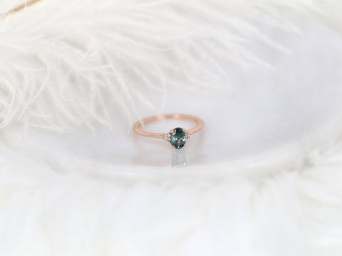 0.70ct Ready to Ship Juniper 14kt Rose Gold Ocean Teal Montana Sapphire Dainty Art Deco Oval Cluster Ring - Rosados Box