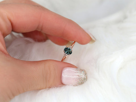 0.70ct Ready to Ship Juniper 14kt Rose Gold Ocean Teal Montana Sapphire Dainty Art Deco Oval Cluster Ring - Rosados Box