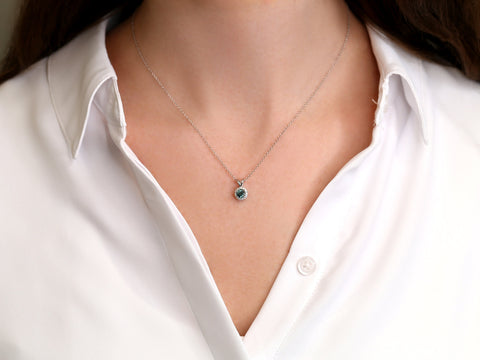 0.59ct Ready to Ship Gemma 14kt White Gold Teal Sapphire Diamond Round Halo Necklace - Rosados Box