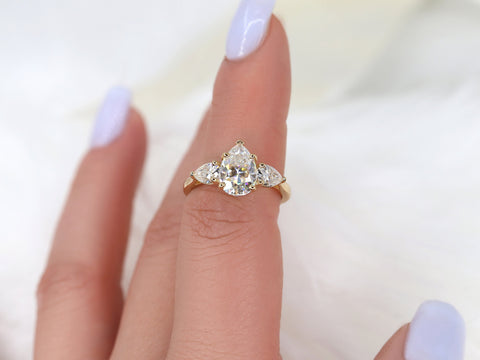 2ct Kasey 10x7mm 14kt Gold Moissanite Pear Three Stone Ring - Rosados Box