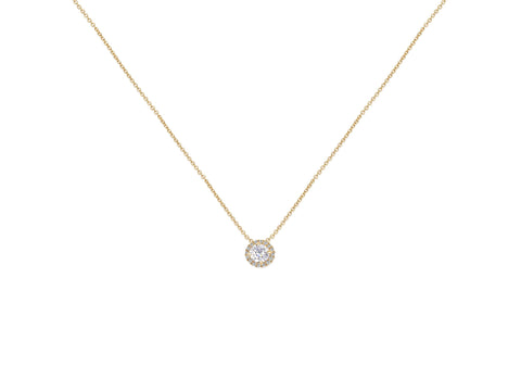 0.50ct Ready to Ship Gemma 5mm 14kt YELLOW Gold Moissanite Diamond Halo Necklace - Rosados Box