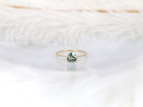 0.83ct Ready to Ship Ultra Petite Heartley 14kt Gold Forest Teal Sapphire Trillion Stacking Ring - Rosados Box