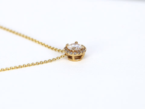 0.50ct Ready to Ship Gemma 5mm 14kt YELLOW Gold Moissanite Diamond Halo Necklace - Rosados Box