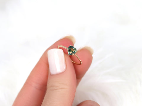 0.83ct Ready to Ship Ultra Petite Heartley 14kt Gold Forest Teal Sapphire Trillion Stacking Ring - Rosados Box