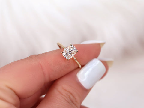 1.50ct Lola 8x6mm 14kt Gold Moissanite Ultra Dainty Elongated Cushion Solitaire Ring - Rosados Box