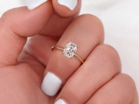 1.50ct Lola 8x6mm 14kt Gold Moissanite Ultra Dainty Elongated Cushion Solitaire Ring - Rosados Box