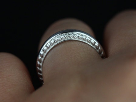 Ready to Ship Alexis 14kt White Gold Vintage Engraved Leaves Wide Knife Edge ALMOST Eternity Ring