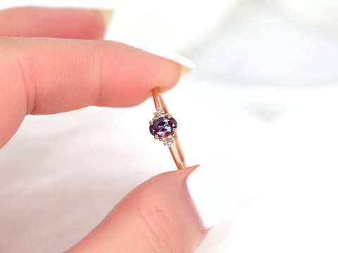 Ready to Ship Juniper 6x4mm 14kt Rose Gold Alexandrite Sapphire Dainty 3 Stone Stack Ring,Oval Cluster Ring,June Birthstone,Alexandrite Ring