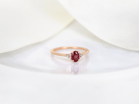 Juniper 6x4mm 14kt Gold Ruby Diamonds 3 Stone Oval Cluster Ring Engagement Ring - Rosados Box