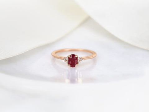 Juniper 6x4mm 14kt Gold Ruby Diamonds 3 Stone Oval Cluster Ring Engagement Ring - Rosados Box