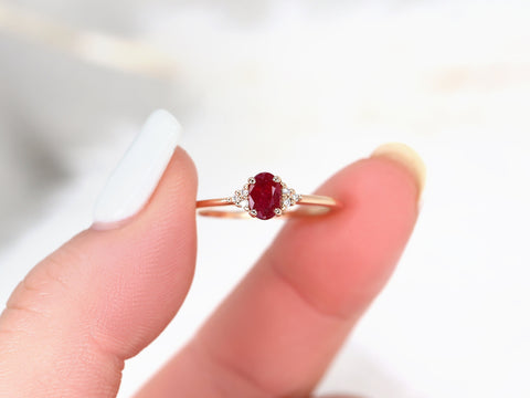 Juniper 6x4mm 14kt Gold Ruby Diamonds 3 Stone Oval Cluster Ring Engagement Ring - Rosados Box