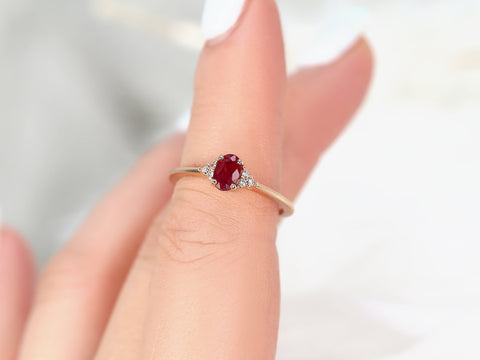 Juniper 6x4mm 14kt Gold Ruby Diamonds 3 Stone Oval Cluster Ring Engagement Ring - Rosados Box