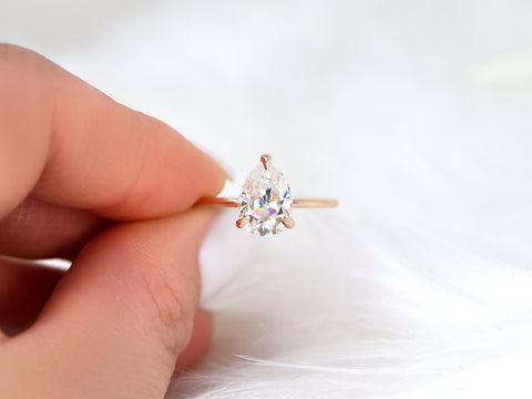 2ct Ryder 10x7mm 14kt Gold Moissanite Talon Prongs Dainty Pear Solitaire Ring - Rosados Box