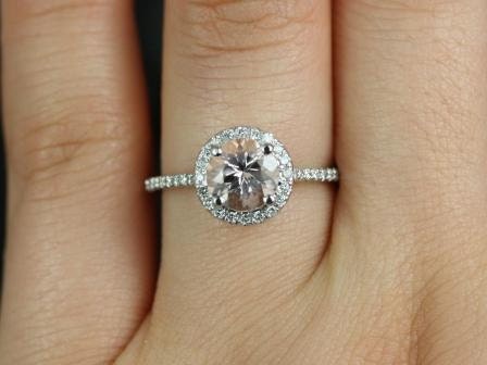 Ready to Ship 14kt White Gold Kubian 7mm Morganite Diamonds Dainty Round Halo Ring - Rosados Box